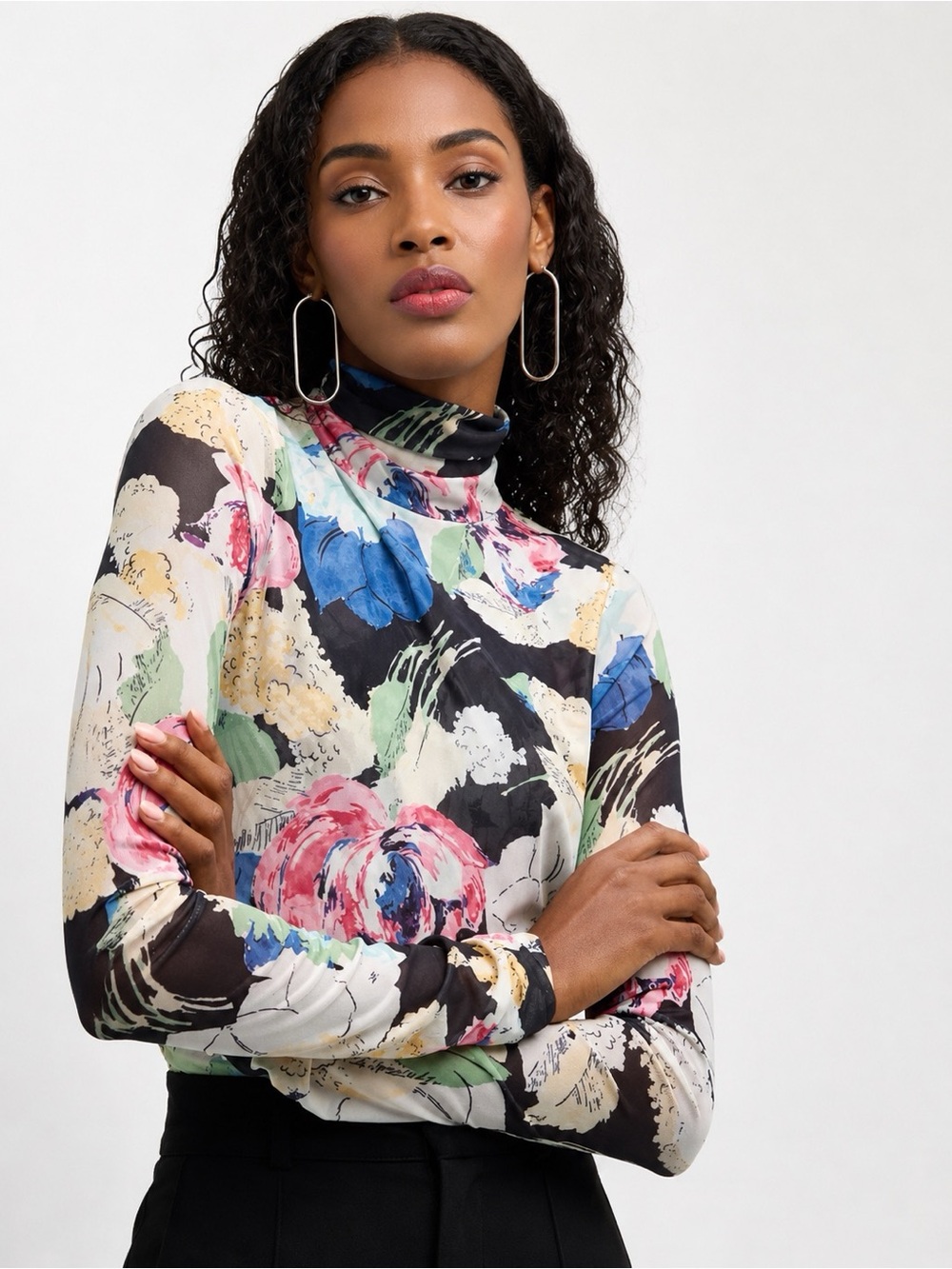 Cinq à Sept Wildwood Flower Shirred Mesh Turtleneck Top Floral Women Size M